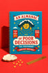 A spiral-bound hardcover planner featuring a retro-style teal cover with the text "An Almanac of Poor Decisions" in bold red and cream typography. The cover includes a grumpy cloud raining down lightning bolts, alongside stars, flowers, and vintage banners. The interior reveals crisp white pages with a 2026 to 2027 year-at-a-glance spread, plus clean, minimalist, completely undated monthly and weekly calendar grids with dedicated sections for writing daily to-do lists and random notes.
