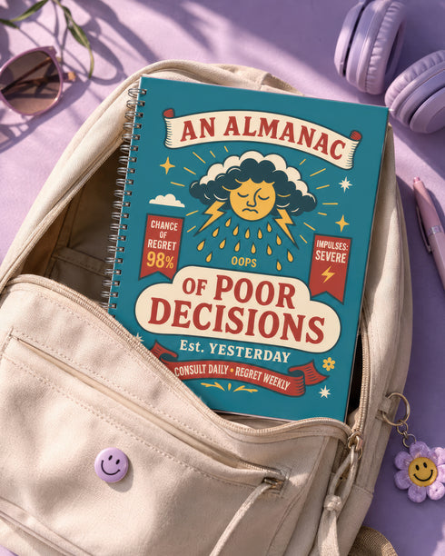 A spiral-bound hardcover planner featuring a retro-style teal cover with the text "An Almanac of Poor Decisions" in bold red and cream typography. The cover includes a grumpy cloud raining down lightning bolts, alongside stars, flowers, and vintage banners. The interior reveals crisp white pages with a 2026 to 2027 year-at-a-glance spread, plus clean, minimalist, completely undated monthly and weekly calendar grids with dedicated sections for writing daily to-do lists and random notes.