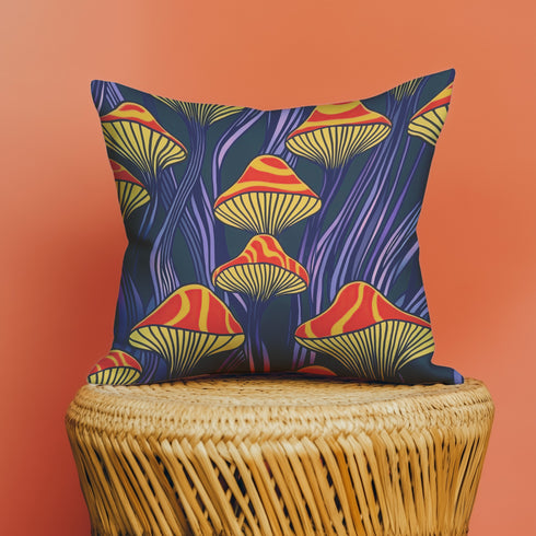 Square pillow cover featuring a bold retro pattern of orange and red striped mushrooms with yellow gills against a navy background with flowing purple lines.