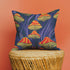 Square pillow cover featuring a bold retro pattern of orange and red striped mushrooms with yellow gills against a navy background with flowing purple lines.