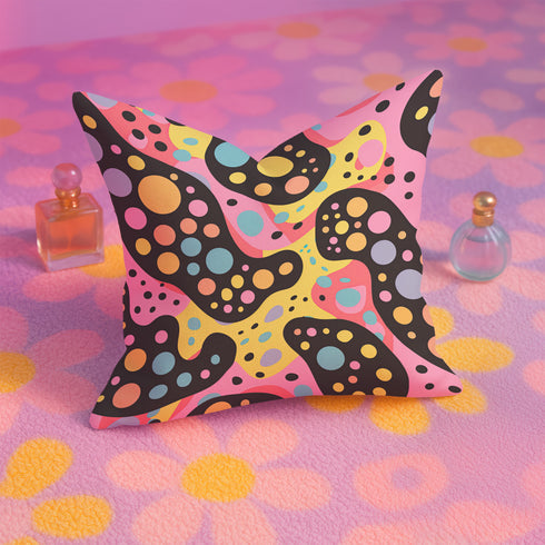 Psychedelic polka dot pillow cover with abstract swirls and colorful circles in pastel pink, yellow, aqua, and black. The pattern features bubbly, wavy shapes resembling pop art and retro lava lamp vibes. Made of durable polyester with a soft linen texture, shown on a pink background. Double-sided full-color design with hidden zipper. Available in 18x18 and 22x22 sizes. Bold dopamine decor for maximalist spaces.