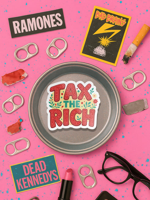 Matte vinyl political sticker sheet measuring 9.8 x 14 inches with 6 unique kiss-cut designs including “Fight for Your Rights,” “Eat the Rich,” “Smash Fascism,” “Disobey,” “Resist,” and “Tax the Rich.” Stickers range from 2 to 3.5 inches in size, printed in full color with floral accents and bold lettering. Weather-resistant and semi-permanent for use on laptops, water bottles, journals, or cars.