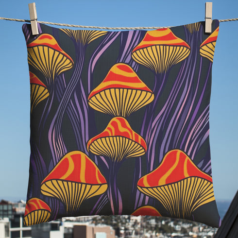 Square pillow cover featuring a bold retro pattern of orange and red striped mushrooms with yellow gills against a navy background with flowing purple lines.