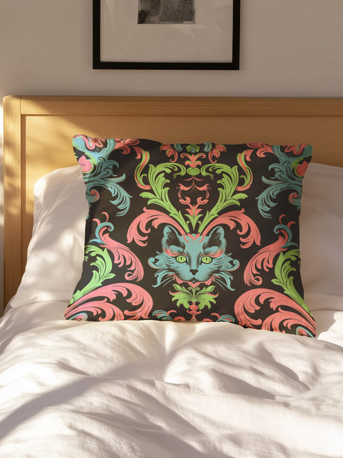 Forget subtle - this is decor that bites back. A mystic feline emerges from a swirl of neon baroque scrollwork, commanding attention with piercing green eyes. Electric blue, candy pink, and acid green dance against midnight black, creating a pattern that transforms any room from boring to bold.