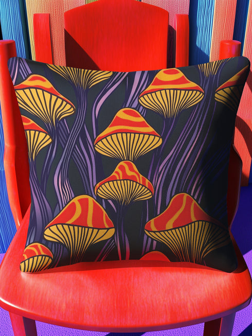 Square pillow cover featuring a bold retro pattern of orange and red striped mushrooms with yellow gills against a navy background with flowing purple lines.