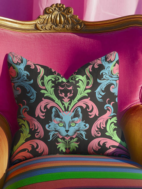 Forget subtle - this is decor that bites back. A mystic feline emerges from a swirl of neon baroque scrollwork, commanding attention with piercing green eyes. Electric blue, candy pink, and acid green dance against midnight black, creating a pattern that transforms any room from boring to bold.