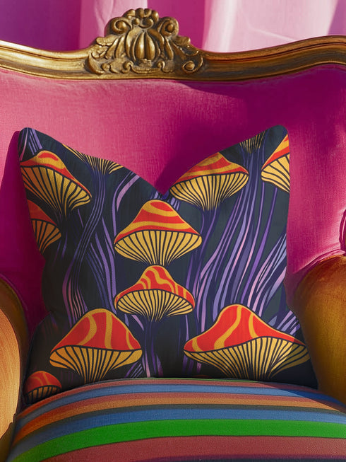 Square pillow cover featuring a bold retro pattern of orange and red striped mushrooms with yellow gills against a navy background with flowing purple lines.