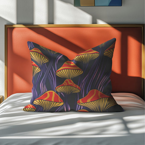 Square pillow cover featuring a bold retro pattern of orange and red striped mushrooms with yellow gills against a navy background with flowing purple lines.