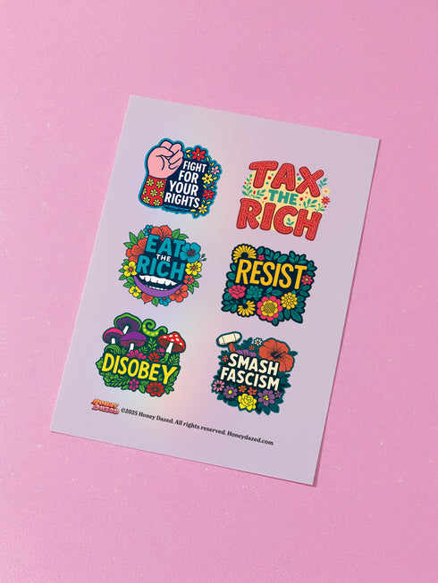 Matte vinyl political sticker sheet measuring 9.8 x 14 inches with 6 unique kiss-cut designs including “Fight for Your Rights,” “Eat the Rich,” “Smash Fascism,” “Disobey,” “Resist,” and “Tax the Rich.” Stickers range from 2 to 3.5 inches in size, printed in full color with floral accents and bold lettering. Weather-resistant and semi-permanent for use on laptops, water bottles, journals, or cars.
