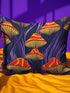 Square pillow cover featuring a bold retro pattern of orange and red striped mushrooms with yellow gills against a navy background with flowing purple lines.