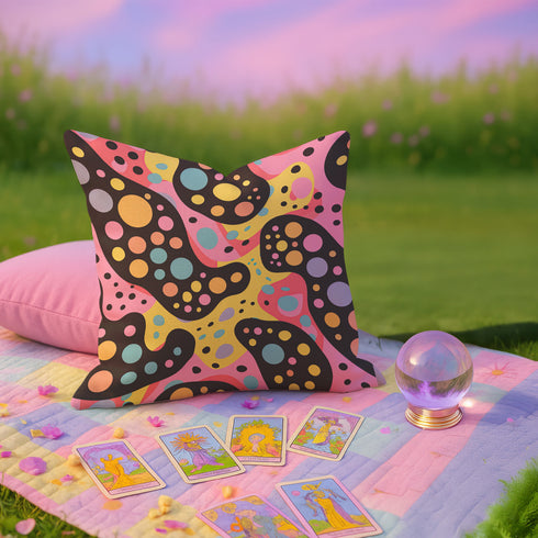 Psychedelic polka dot pillow cover with abstract swirls and colorful circles in pastel pink, yellow, aqua, and black. The pattern features bubbly, wavy shapes resembling pop art and retro lava lamp vibes. Made of durable polyester with a soft linen texture, shown on a pink background. Double-sided full-color design with hidden zipper. Available in 18x18 and 22x22 sizes. Bold dopamine decor for maximalist spaces.