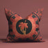 Square pillow cover featuring a golden skeleton hand holding a coral hibiscus flower, surrounded by fan-shaped coral motifs on a black background in an Art Nouveau style.