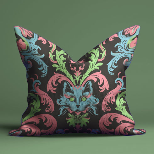 Forget subtle - this is decor that bites back. A mystic feline emerges from a swirl of neon baroque scrollwork, commanding attention with piercing green eyes. Electric blue, candy pink, and acid green dance against midnight black, creating a pattern that transforms any room from boring to bold.