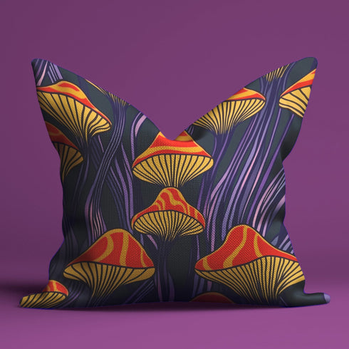 Square pillow cover featuring a bold retro pattern of orange and red striped mushrooms with yellow gills against a navy background with flowing purple lines.