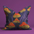Square pillow cover featuring a bold retro pattern of orange and red striped mushrooms with yellow gills against a navy background with flowing purple lines.