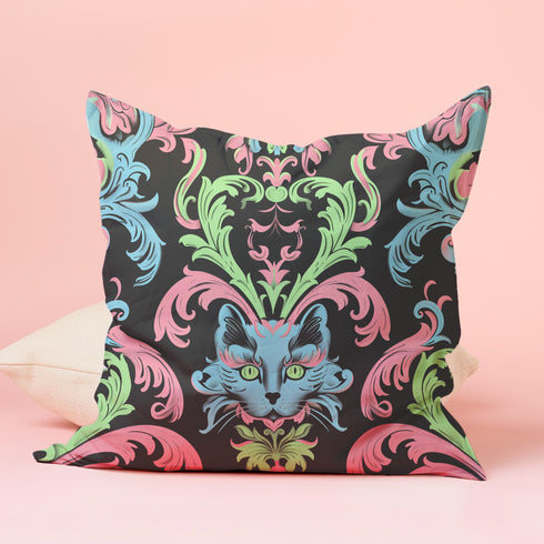 Forget subtle - this is decor that bites back. A mystic feline emerges from a swirl of neon baroque scrollwork, commanding attention with piercing green eyes. Electric blue, candy pink, and acid green dance against midnight black, creating a pattern that transforms any room from boring to bold.