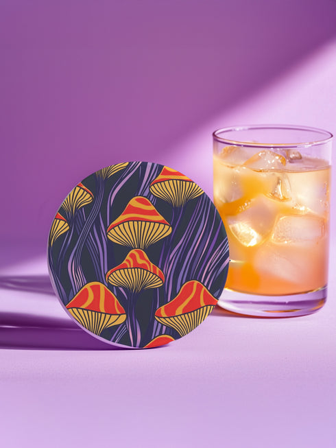 Round ceramic coaster featuring orange and yellow mushrooms with striped caps against a dark background with flowing purple lines in a psychedelic 70s style