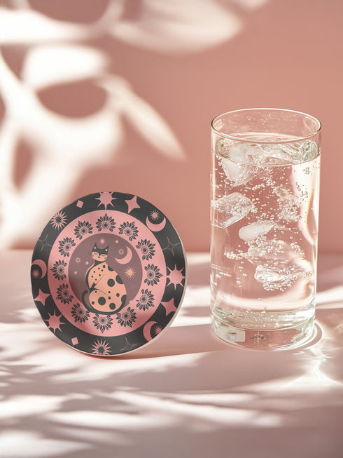 Round ceramic coaster featuring a stylized black cat with polka dots surrounded by pink flowers, moons, and stars on a black background with pink accents
