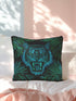 Square woven pillow featuring fierce turquoise tiger with bared fangs against black background surrounded by neon jungle leaves. Textured tapestry creates vibrant midnight tiki decor perfect for rockabilly, maximalist room styling.