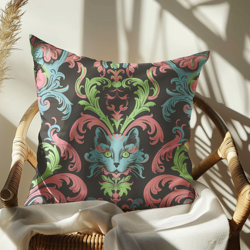 Forget subtle - this is decor that bites back. A mystic feline emerges from a swirl of neon baroque scrollwork, commanding attention with piercing green eyes. Electric blue, candy pink, and acid green dance against midnight black, creating a pattern that transforms any room from boring to bold.
