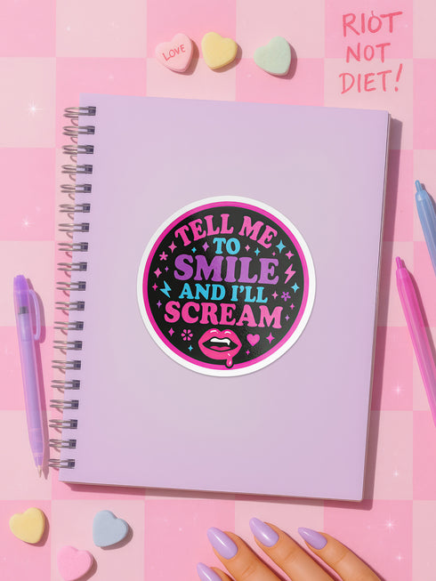 Feminist sticker sheet measuring 9.8x14 inches featuring 6 kiss-cut vinyl stickers with matte finish. Includes designs: “Consent or Coffin” (4.1x4), “Girls Just Wanna Have Fundamental Rights” (3.5x4.1), “Hex the System” (3.6x3.7), “Romanticize Your Rage” (3.7x3.3), “Tell Me to Smile and I’ll Scream” (3.6x3.6), and “Soft But Not Sorry” (~3.3"). Weather-resistant, semi-permanent adhesive, ideal for laptops, water bottles, and journals.