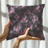 Luxury throw pillow cover featuring a gothic toile pattern in lavender on a black background, with skeletal figures, peacocks, and floral motifs.