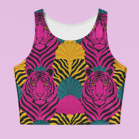 Vibrant Y2K maximalist crop top featuring bold pink tiger faces, tropical leaves, and geometric patterns in bright magenta, yellow, teal, and black colors. Perfect festival rave wear, alternative fashion, and retro summer styling for women who love aesthetic streetwear and unique animal print outfits