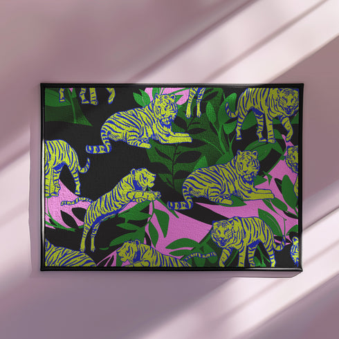 Vibrant doormat featuring stylized yellow tigers with blue stripes amidst green foliage and pink accents on a black background. Bold, maximalist design for indoor/outdoor use.