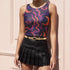 Cropped tank top with psychedelic purple and coral swirling waves pattern featuring mystical third eye designs, racerback style sleeveless womens festival top with body-hugging fit for rave outfits, alternative clothing, y2k aesthetic streetwear, trippy spiritual print crop top for concerts and music festivals, black owned shops bohemian mystical shirt