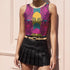 Vibrant Y2K maximalist crop top featuring bold pink tiger faces, tropical leaves, and geometric patterns in bright magenta, yellow, teal, and black colors. Perfect festival rave wear, alternative fashion, and retro summer styling for women who love aesthetic streetwear and unique animal print outfits