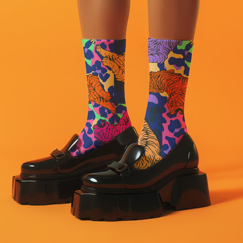 Stylish jungle-themed socks with tigers and abstract camo patterns in a palette of purple, blue, and pink, laid out on a yellow background, ideal for adding a pop of color to your wardrobe