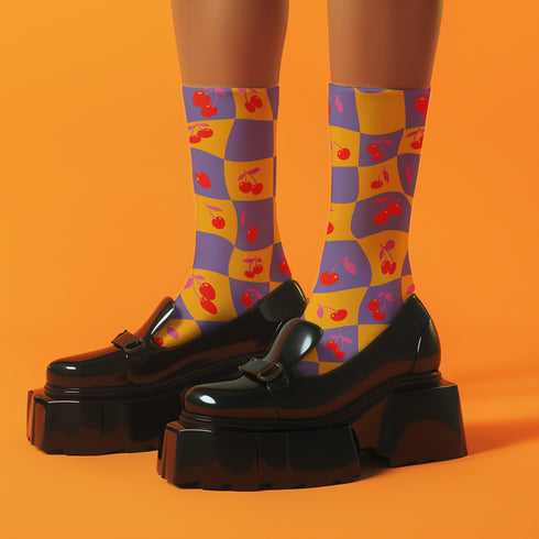 Retro Wavy Cherry Socks in Purple