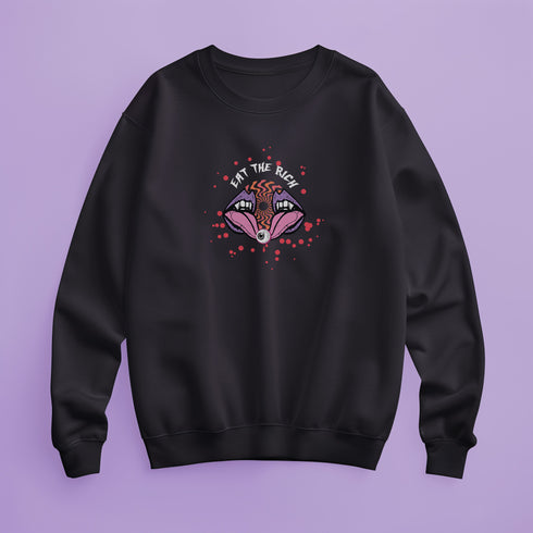a black sweatshirt featuring a psychedelic "Eat the Rich" design with an eyeball and vampire teeth,