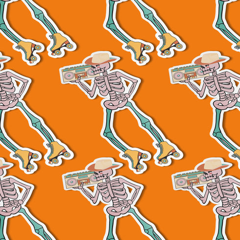 Sticker featuring a skeleton wearing a cowboy hat and holding a boombox on its shoulder, clad in roller skates. Perfect for adding a playful touch to any surface.