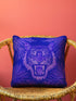 Square woven pillow featuring fierce magenta tiger with bared fangs against electric purple background surrounded by neon jungle leaves. Textured tapestry creates vibrant maximalist tiger decor perfect for gothic, y2k or eclectic room styling.