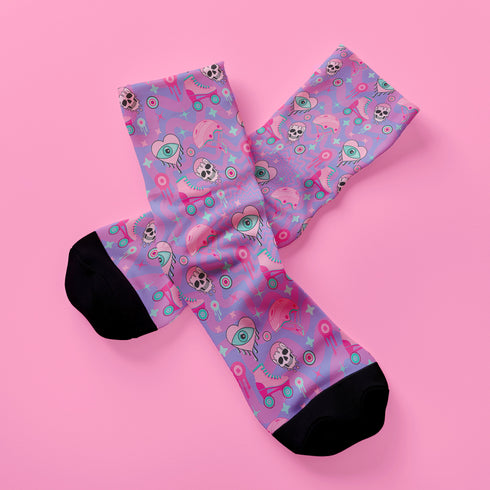 Pink Roller Skate Skull Socks