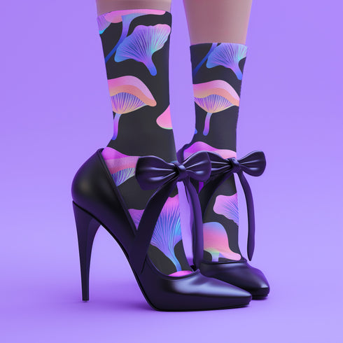 Black crew socks with an allover design of iridescent neon mushrooms in shades of pink, blue, and purple.