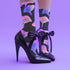 Black crew socks with an allover design of iridescent neon mushrooms in shades of pink, blue, and purple.