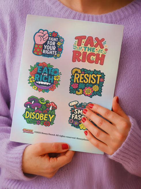 Matte vinyl political sticker sheet measuring 9.8 x 14 inches with 6 unique kiss-cut designs including “Fight for Your Rights,” “Eat the Rich,” “Smash Fascism,” “Disobey,” “Resist,” and “Tax the Rich.” Stickers range from 2 to 3.5 inches in size, printed in full color with floral accents and bold lettering. Weather-resistant and semi-permanent for use on laptops, water bottles, journals, or cars.