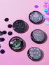 Set of five 2.25-inch round button pins featuring feminist and witchy designs with pastel artwork on a black background. Includes slogans like “Hex the System,” “Tell Me to Smile and I’ll Scream,” “Romanticize Your Rage,” “Consent or Coffin,” and “Resist.” Each button has a safety pin backing, a durable tinplate body, and a glossy, scratch and UV-resistant finish with purple, pink, teal, and mint accents.