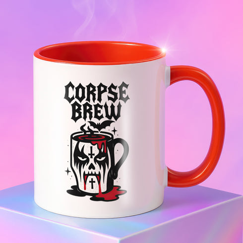 White ceramic coffee mug with “Corpse Brew” text and a spooky cartoon vampire face on a coffee pot. Available in black or orange handle and inner color variations. Standard 11 oz size. Glossy finish with a bold Halloween-inspired gothic design, perfect for horror fans, spooky coffee lovers, or goth kitchen aesthetics.