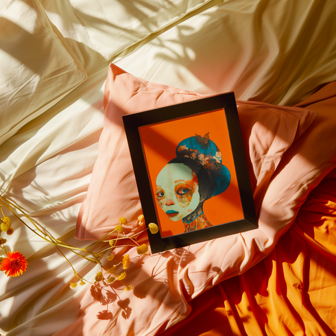Avant-garde digital portrait of an African woman with striking features against a vivid orange background. An elaborate headdress of dark, floral elements creates a stunning contrast, embodying surrealist themes and African cultural motifs.