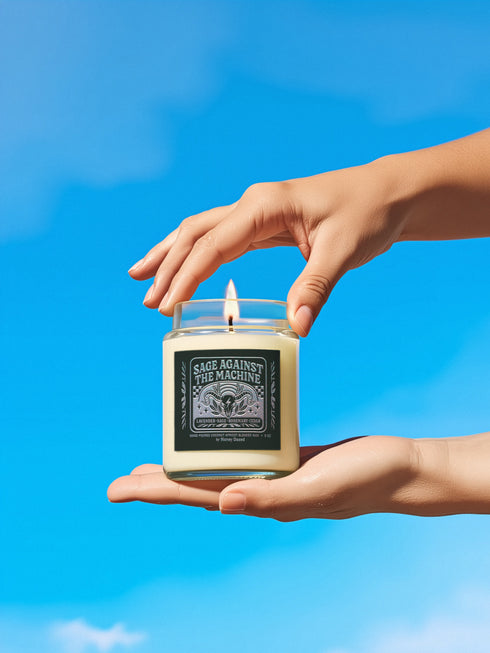 A 9-ounce, hand-poured scented candle in a transparent glass vessel. The candle contains a cotton wick and is filled with a creamy, off-white coconut apricot blended wax. It features a dark, matte finish label with a silver metallic emblem of a ram skull and stylized foliage, with the text "Sage Against The Machine" centered above the scent notes. A shiny gold lid sits atop the glass jar.