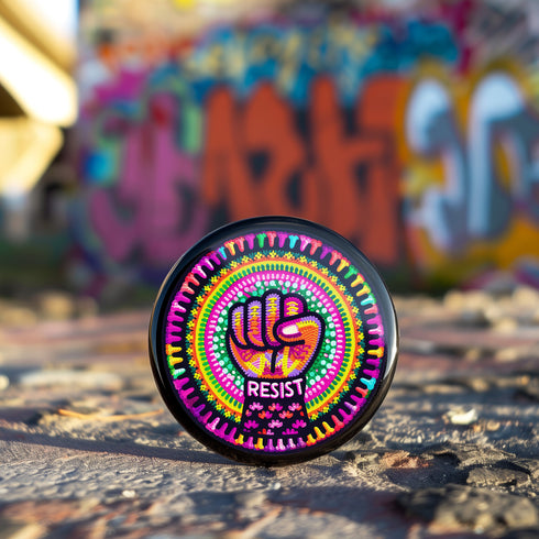 Round pinback button with psychedelic rainbow design featuring a raised black fist surrounded by concentric circles in vibrant pink, orange, green, and yellow. The word "RESIST" appears in white text below the fist, set against black background with flower details. Activist protest pin with glossy finish and safety pin backing.