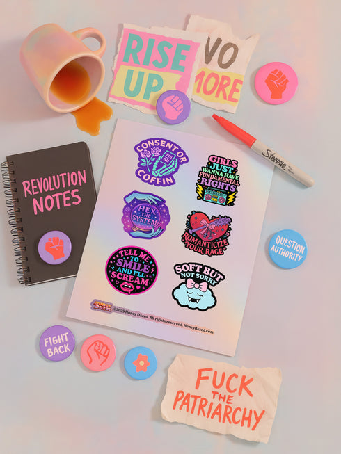 Feminist sticker sheet measuring 9.8x14 inches featuring 6 kiss-cut vinyl stickers with matte finish. Includes designs: “Consent or Coffin” (4.1x4), “Girls Just Wanna Have Fundamental Rights” (3.5x4.1), “Hex the System” (3.6x3.7), “Romanticize Your Rage” (3.7x3.3), “Tell Me to Smile and I’ll Scream” (3.6x3.6), and “Soft But Not Sorry” (~3.3"). Weather-resistant, semi-permanent adhesive, ideal for laptops, water bottles, and journals.