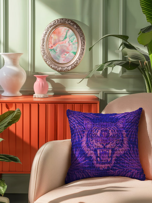 Square woven pillow featuring fierce magenta tiger with bared fangs against electric purple background surrounded by neon jungle leaves. Textured tapestry creates vibrant maximalist tiger decor perfect for gothic, y2k or eclectic room styling.