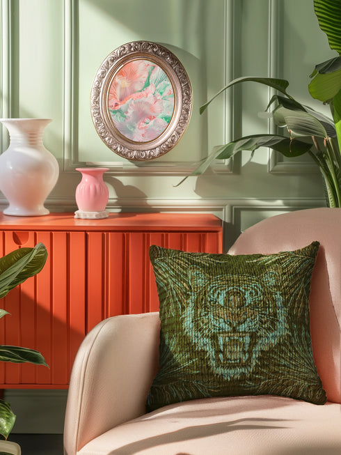 Square woven pillow featuring fierce turquoise tiger with bared fangs against olive green background surrounded by jungle leaves. Textured tapestry creates vibrant mid-century tiki decor perfect for rockabilly, maximalist room styling.