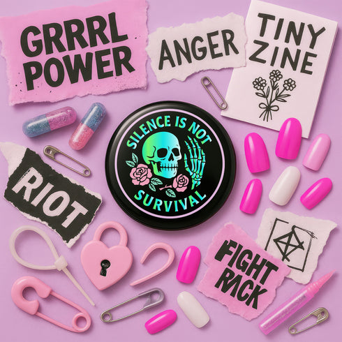 Round enamel pinback button available in 2.5″ or 3″ sizes with a black base and high-gloss finish. The design features neon green and blue gradient skull in the center, pastel pink roses and green leaves below, and mint skeleton hand on the right side. Arched text reads “SILENCE IS NOT SURVIVAL” in teal block letters. Shown styled on a denim jacket, held in hand against bright yellow backdrop, placed in a candy heart flat lay, and propped on pavement in front of graffiti wall.