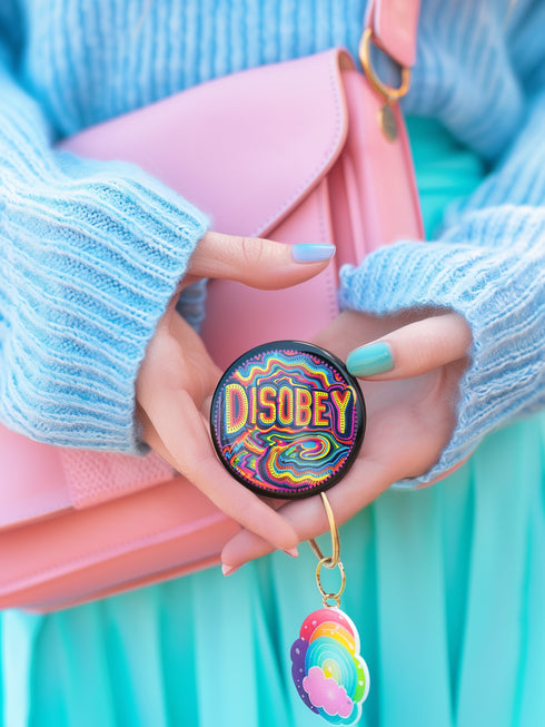 Round black pinback button with neon embroidery-style waves surrounding bold yellow and red "DISOBEY" text.