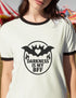Unisex off-white and black ringer t-shirt with black bat and heart graphic and the phrase "Darkness Is My BFF" in bold gothic style, contrasting black ribbed collar and cuffs, vintage-inspired, available in sizes S-3XL, soft 100% cotton, alternative fashion, perfect goth gift.